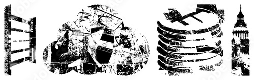 Stylized black and white buildings, modernist structures, urban, graphic cityscape, minimalist architecture, halftone texture, geometric forms.