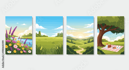 Set of 4 Spring Summer Landscape Vector Illustrations