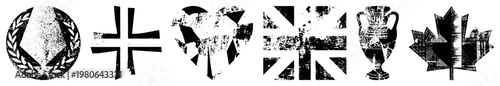 Distressed black and white vector Ethereum logo,, heart, Union Jack, amphora, maple leaf. Vintage, worn, stylized symbols with grainy texture.