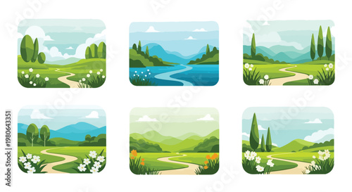 Set of 6 Green Nature Landscape Illustrations with Paths and Trees Vector