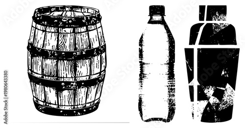 Wooden barrel with staves and metal bands, plastic water bottle, cocktail shaker with textured, all rendered in halftone vector style, isolated elements for design use.