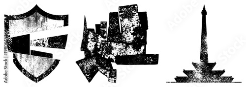 Three distressed shield, abstract cityscape, tall obelisk. Vector art with halftone grain, gritty style, symbolic silhouettes, urban design, emblem set.