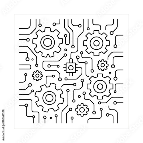 Mechanical gears integrated into a complex electronic circuit board design represent the innovative connection between industrial engineering and modern digital processing power in this stylized vecto