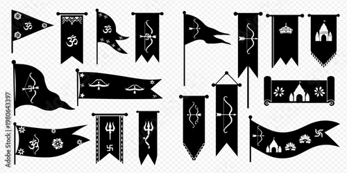 Set of Hindu religious flags and banners with traditional symbols and deities, black silhouettes isolated on white background.