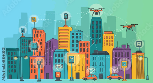 Smart cityscape with drone technology and 5G network
