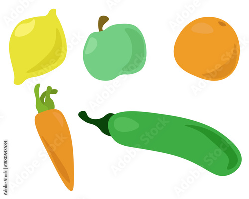 Vector illustration set of fresh fruits and vegetables, for healthy lifestyle blogs, grocery store branding, and educational materials for kids