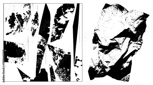 Graphic letterforms with distressed halftone texture, abstract typographic shapes, high contrast stencil design, modern graffiti inspired vector art.