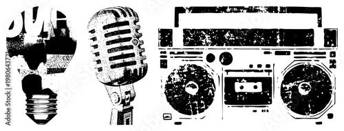 Retro styled light bulb, classic microphone, and boombox with cassette deck, all rendered in gritty halftone vector art, perfect for music, nostalgia, or tech themed designs.