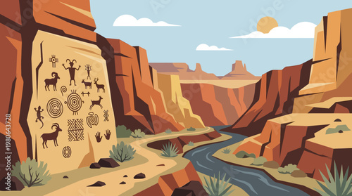 Ancient petroglyphs carved on canyon wall with river and mesas