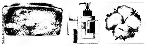 Retro style toiletry bag, pump soap dispenser, cotton bolls, halftone, minimalist vector art, bathroom essentials, textile and hygiene.