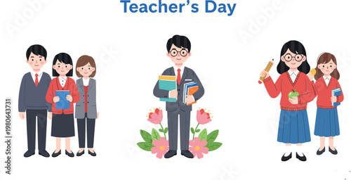 Teachers day celebration illustration with teacher and students holding books and flowers vector design for education appreciation and school event