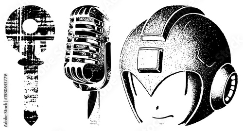 Classic microphone with grille, old fashioned key with circular hole, Megaman helmet with visor, all in black and white halftone vector art, isolated graphics for design use.