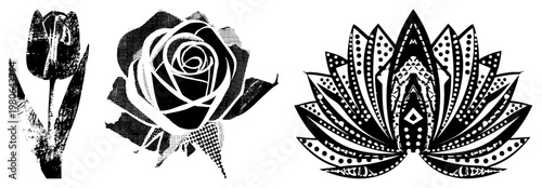 Black and white halftone designs including tulip, rose, and lotus, stylized with dot and bold, perfect for retro branding or tattoo art.