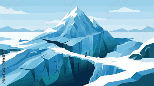 Backpacker walking across narrow icy bridge over deep crevasse in frozen arctic mountain landscape under bright winter sky