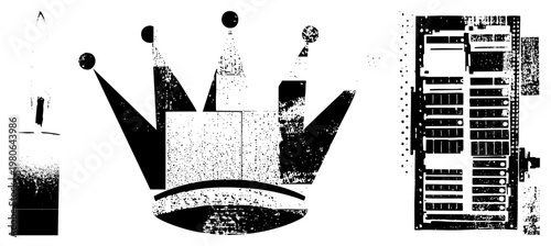 Retro styled crown with halftone texture, server rack with dot matrix, digital vector, tech, isolated graphic elements.