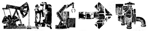 Mechanical automation sequence showing oil pump, robotic arm, circuit board, and industrial valve, vector halftone style, industrial process, machinery transition.