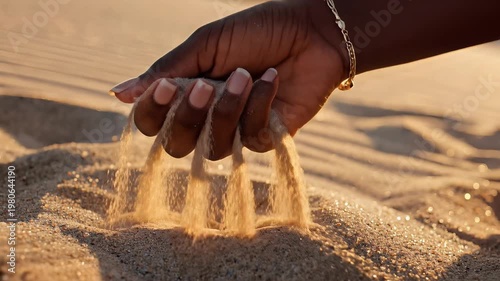 Hand pouring sand through fingers close up
