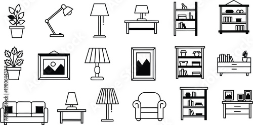 A large assortment of detailed line art icons representing diverse furniture and home decor items.
