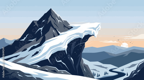 Jagged snowy mountain peak with sharp cliff edge and thin wispy clouds during golden hour sunrise in cold alpine wilderness setting