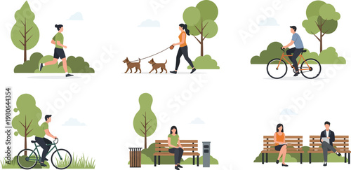 Various flat design illustrations depicting people enjoying outdoor activities and relaxation in a public park.