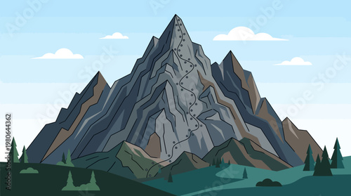 Intricate mountain climbing route marked with distinct dots on steep rocky face in beautiful alpine landscape with green forest