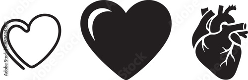 Heart icons, black heart shapes, cardiovascular symbols, vector illustrations