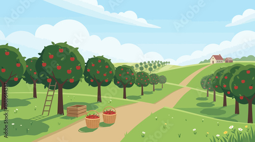 Lush apple orchard in scenic rolling hills with wooden baskets full of fresh red apples and ladder leaning against fruit trees