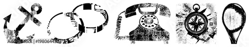 Retro styled symbols representing navigation, connection, and direction anchor, rotary phone, compass, spoon rendered in distressed halftone vector art.
