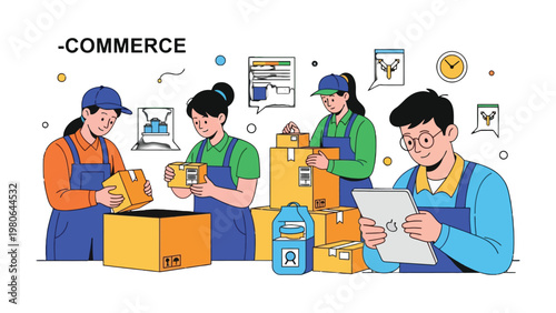 E-Commerce Logistics Team: A dynamic e-commerce logistics team, engrossed in the seamless processing of online orders, symbolizes the efficiency of modern-day retail