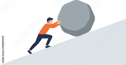 Man pushing large boulder up a steep mountain slope with effort