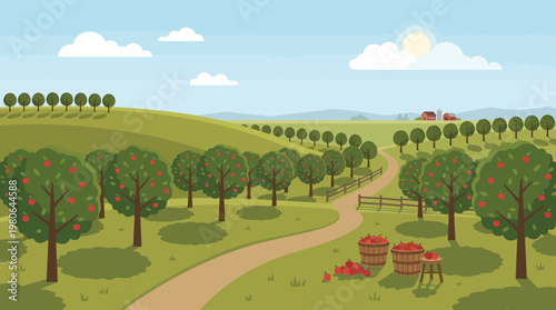 Scenic countryside apple orchard with farm buildings in distance and baskets of ripe fruit on foreground path under clouds