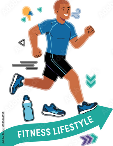 A man is jogging outdoors with fitness equipment and symbols surrounding him.