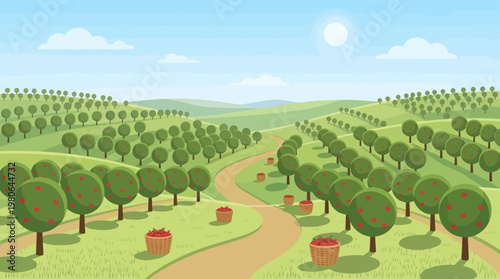 Vibrant apple orchard landscape with wooden baskets full of freshly picked fruit under clear blue sky in sunny summer morning