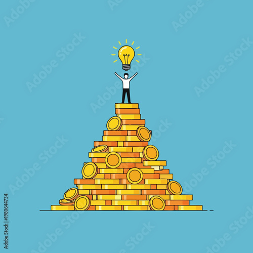 Business Success Concept with Person Standing on a Pyramid of Coins and a Lightbulb