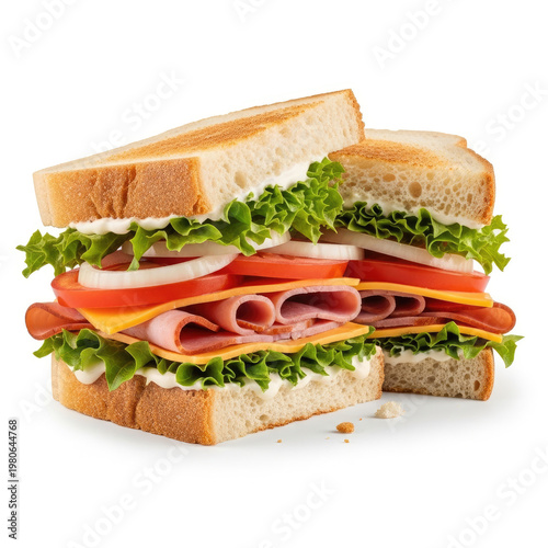 A delicious sandwich cut in half on a white background with various fillings