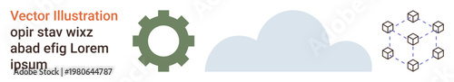 Cloud technology, blockchain systems, data integration, network solutions, business operations, digital innovation. Gear, cloud icon and interconnected cube diagram. Cloud technology and blockchain
