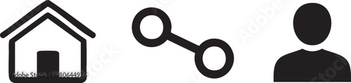 Black icons, house, user, link symbol, simple silhouette set
