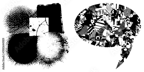 Vector art featuring halftone dots, fragmented city motifs, and bold black shapes, stylized urban graphic design, isolated vector elements, modern pop art composition.