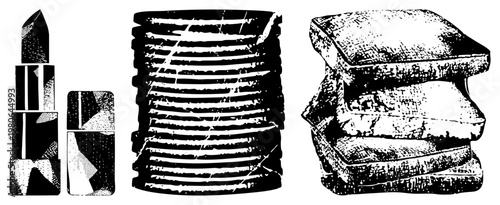 Retro halftone graphic of cosmetic lipstick, textile thread spool, and artisanal bread stack, stylized vector art, print aesthetic.