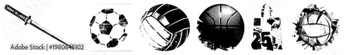 Graphic of sword, soccer ball, volleyball, basketball, shopping bag, and ball, rendered in vector style, isolated on transparent background.