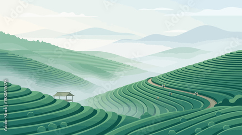 Serene mountain landscape with stepped tea plantations and farmers working in the fields during a soft misty morning light scene