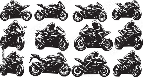 Motorcycle Riders in Various Poses and Bikes Silhouette Collection