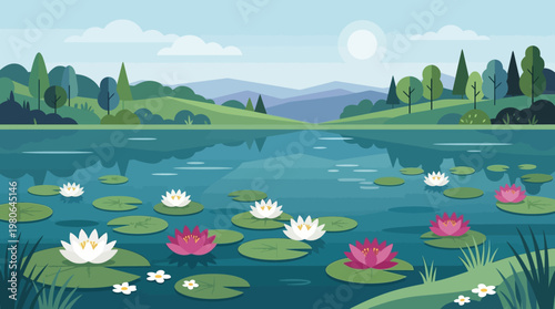 Tranquil lake with lily pads and blooming water lilies illustration