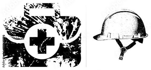 Medical kit with red symbol and construction hard hat, safety, emergency response, occupational protection, black and white halftone illustration.