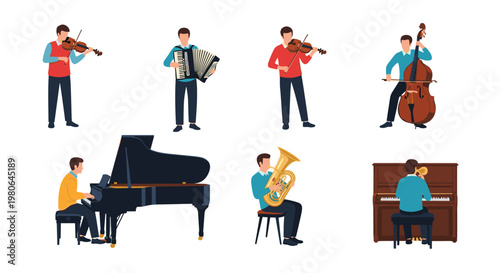 Talented male musicians playing various classical and folk instruments including violin, accordion, cello, piano, and tuba.