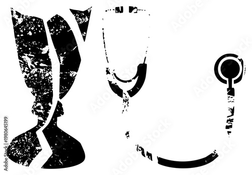 Stethoscope, hourglass, medical set, distressed vector graphics, healthcare symbols, black and white design, medical equipment, timekeeping motif.