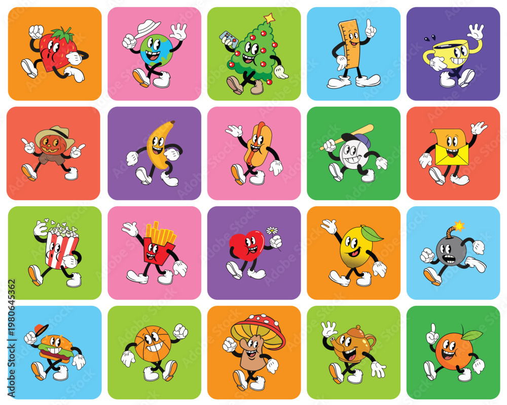 Fototapeta premium Cartoon food characters collection cute mascot illustration set, vector