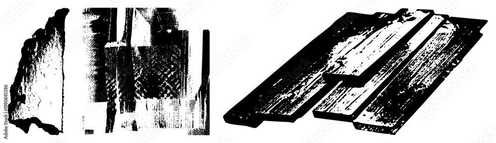 Obraz premium Stylized wood planks with grain texture, fragmented stone shapes, halftone vector art, black and white graphic, isolated design elements.