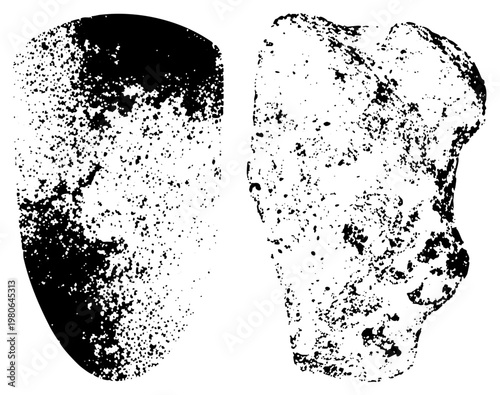 Two irregular stone fragments rendered in halftone dot, textured surface, graphic art, design, archaeological illustration, digital vector cutout.