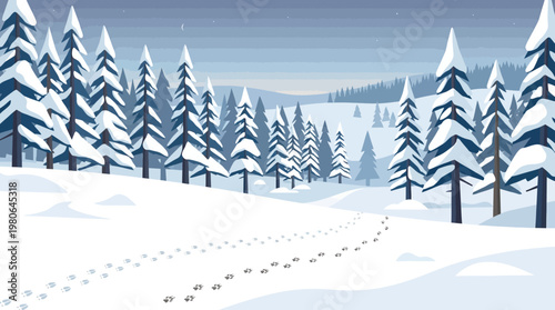 Winter forest landscape at night with snow covered pine trees and animal footprints leading into the deep quiet woods under stars